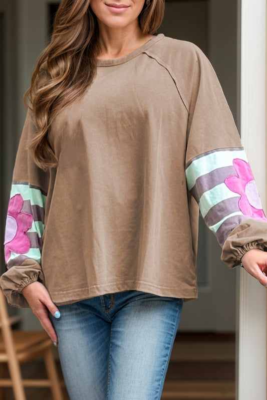 Flower Round Neck Long Sleeve Blouse