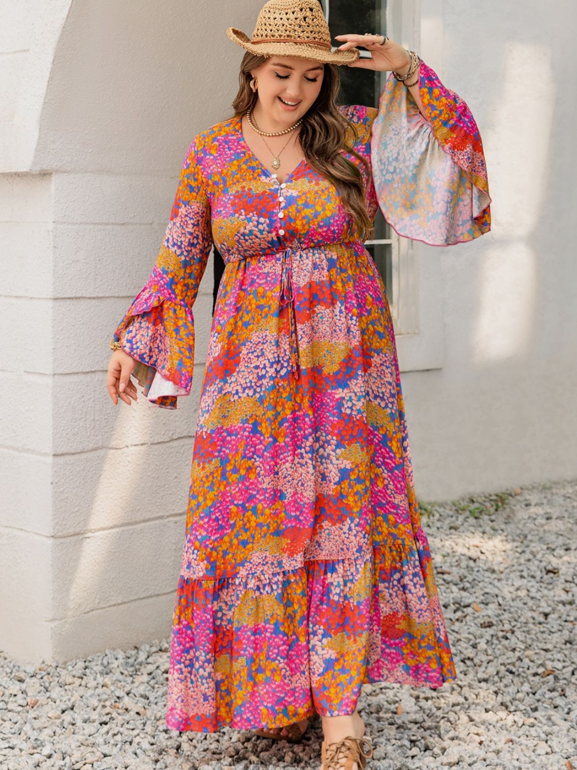 Printed V-Neck Long Sleeve Maxi Dress