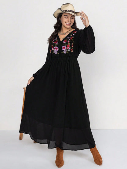 Embroidered Tie Neck Long Sleeve Dress