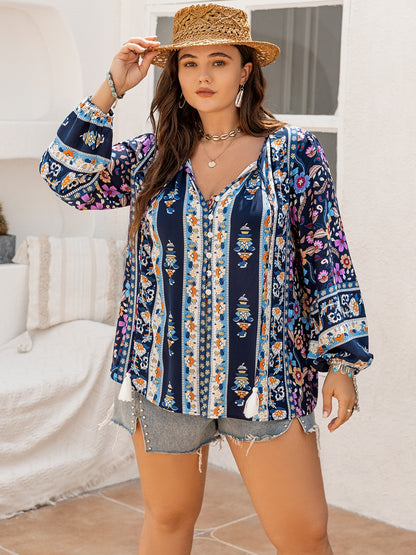 Tie Neck Tassel Printed Blouse