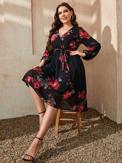 Honey Plus Size Floral Surplice Neck Tie Waist Dress