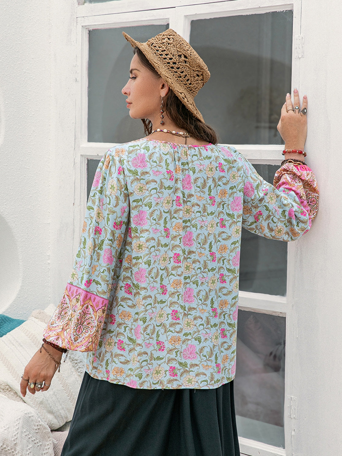 Tie Neck Tassel Printed Blouse