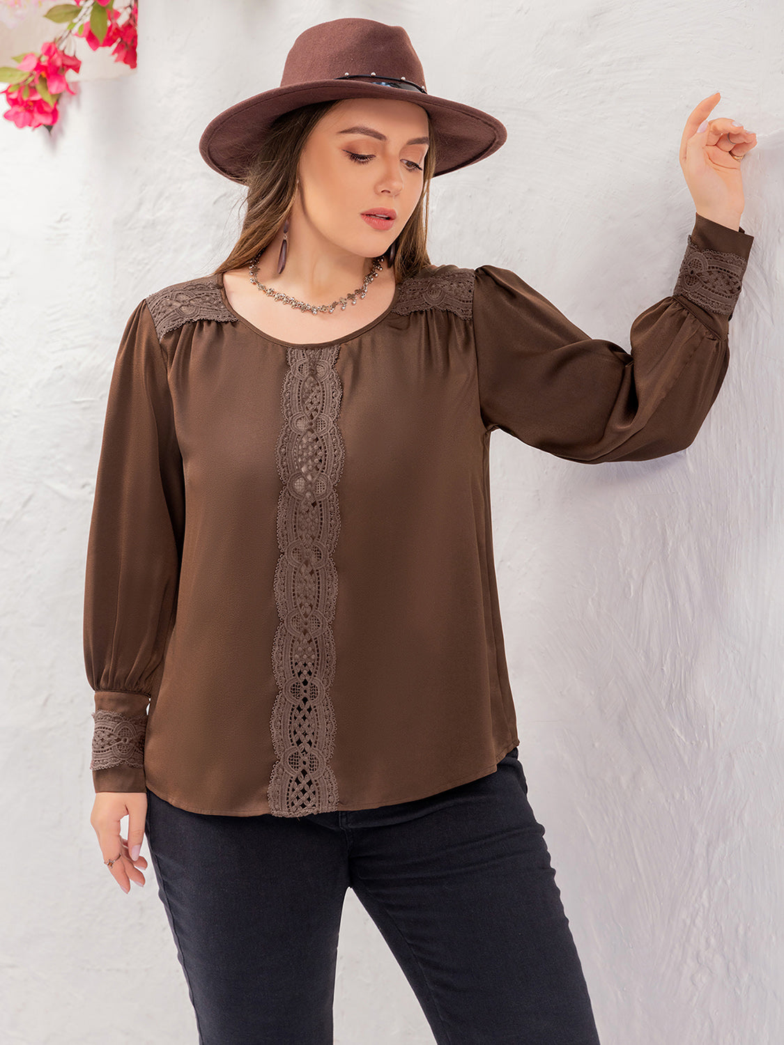 Lace Detail Round Neck Long Sleeve Blouse